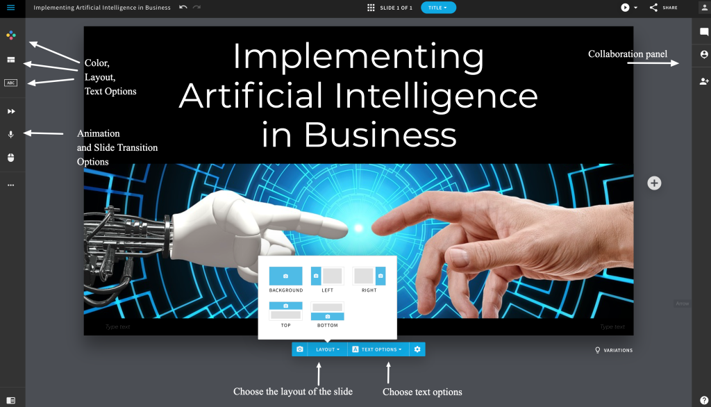 Picture of the individual slide editing options such as layouts, text options, and different features. 